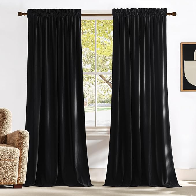 NICETOWN Black Velvet Curtains 90 inches Long 2 Panels Set, Thermal Insulated