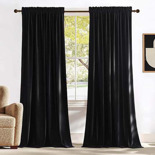 NICETOWN Black Blackout Extra Long Velvet Curtains 120 inches Long