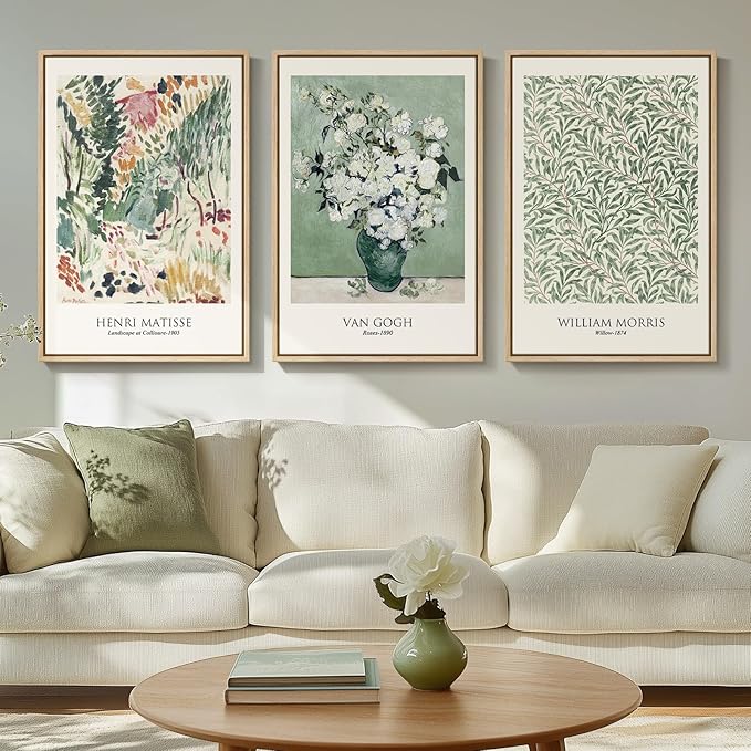 Framed Large Matisse Wall Art for Living Room, 3 Piece Vintage Sage Green