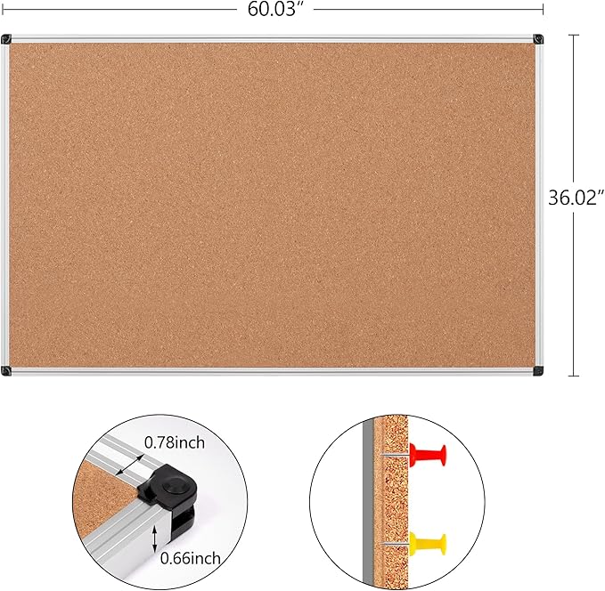 Large Cork Bulletin Board 60" X 36", Wall Mounted Notice Pin Board