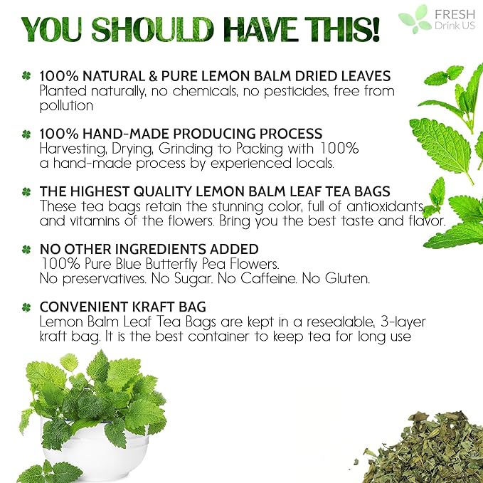 FreshDrinkUS, Lemon Balm Tea Bags | 75 Count |100% Pure Melissa officinalis – Naturally Calming Herbal Tea | Caffeine-Free, Premium Quality, Refreshing Flavor, Sustainably Sourced