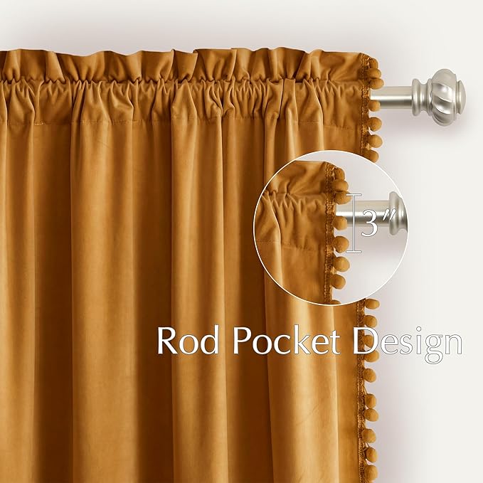 NICETOWN Mustard Gold Pom Pom Velvet Curtains 8 ft Long