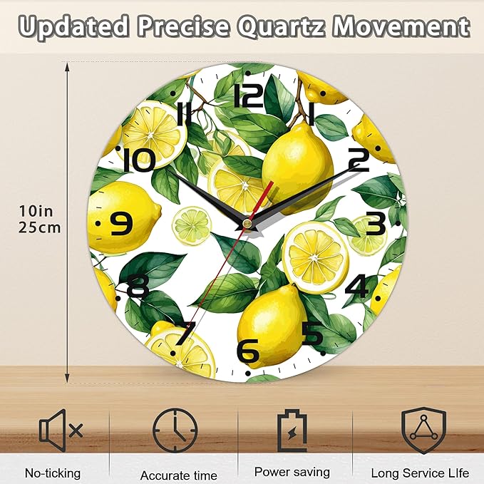 Wall Clock, Watercolor Lemon Wall Clock Silent Non-Ticking Battery Operated
