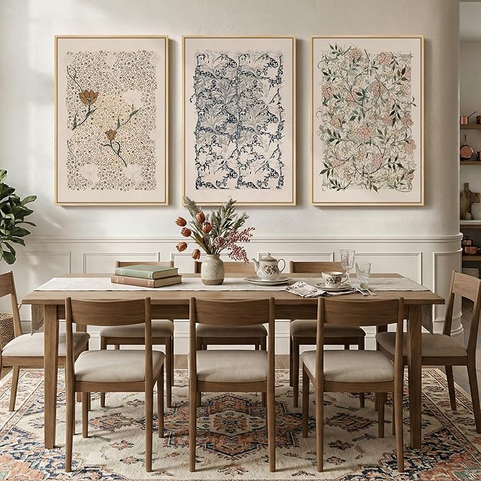 Large Framed William Morris Wall Art Set of 3, Vintage Neutral Botanical Floral
