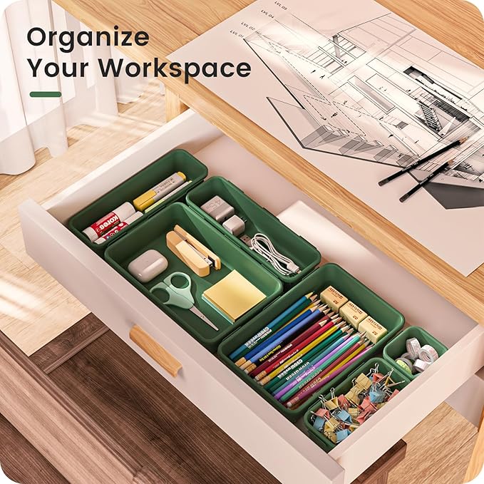 A-LuGei 【𝟮𝟴𝗣𝗖𝗦】 【𝟱𝗦𝗶𝘇𝗲】 ArmyGreen Drawer Organizer, Makeup organizer, 【Holds 177 Items】 Bathroom Organizers and Storage, Plastic Desk Organizer Divider, Organizer Bins for Office Vanity