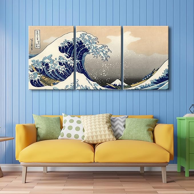 Wieco Art Great Wave of Kanagawa Katsushika Hokusai 3 Piece Modern Canvas
