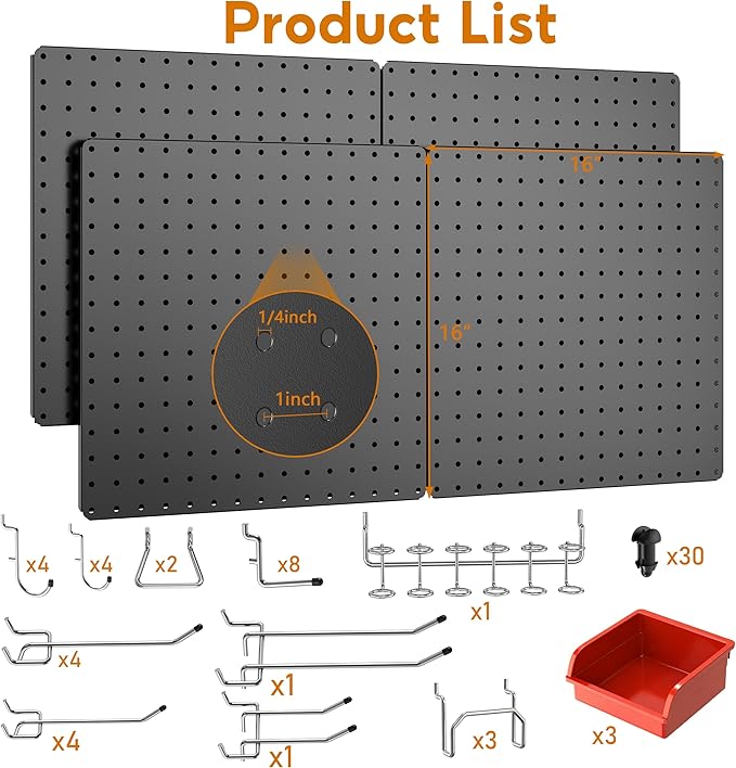 Peg Board, Total 32” x 32”, 4 Pack Black Peg Board Panels, 50lbs Load Capacity