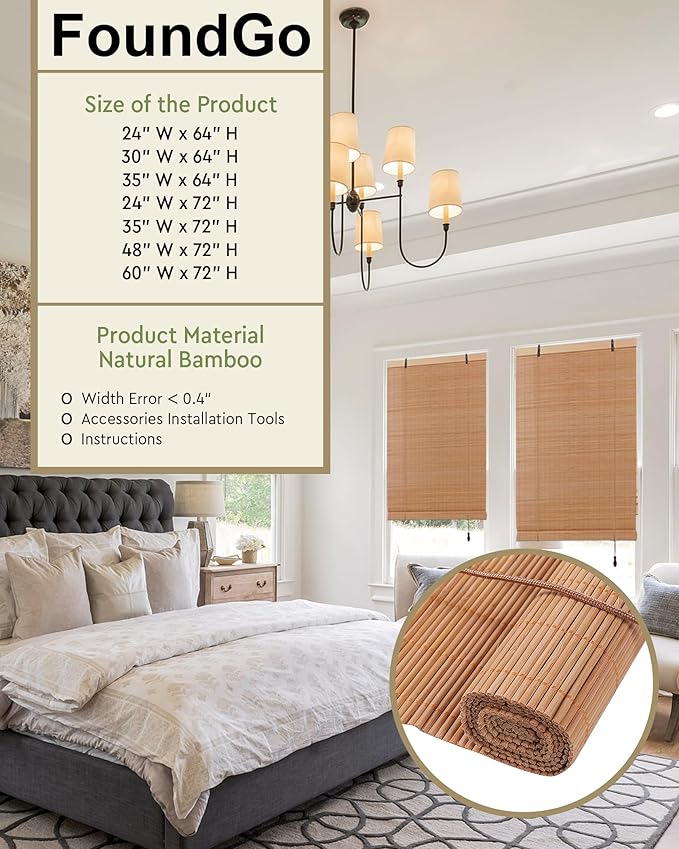 FoundGo Retro Bamboo Blinds 30" W x 64" H Bamboo Roman Shades Light Filtering