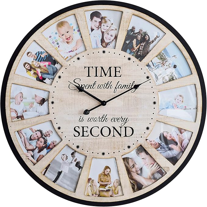 12 Photo Collage Rustic Wood Farmhouse Wall Clock, Large Family Picture Wall