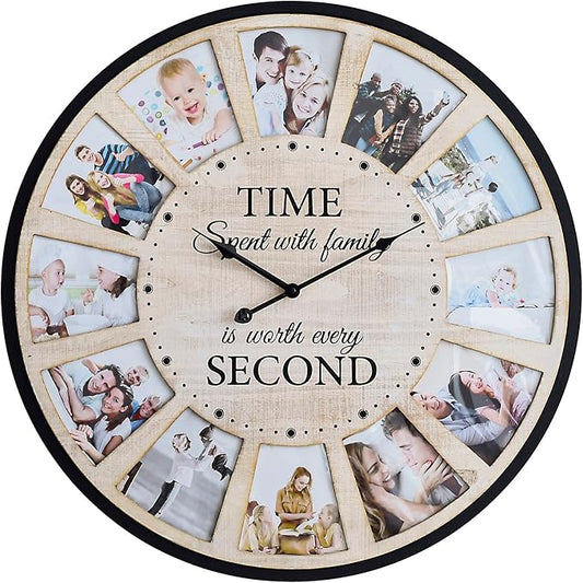 12 Photo Collage Rustic Wood Farmhouse Wall Clock, Large Family Picture Wall