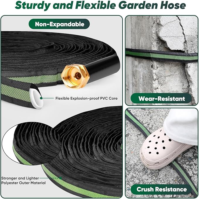 Garden Hose 50ft, Non-Expanding Water Hose, Flexible Ultra-Light, Anti-Kink, Wear-Resistant, Portable, Easy Storage, Hose with 3/4 for Outdoor, Garden, Yard and Lawn, Black Green