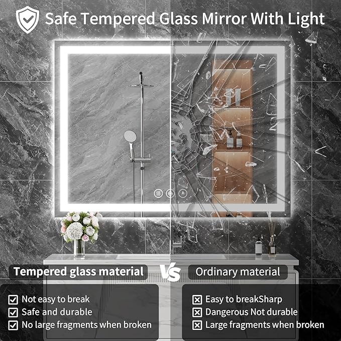 Koonmi 60"x36" LED Mirror for Bathroom, 90CRI Anti-Fog Vanity Mirror