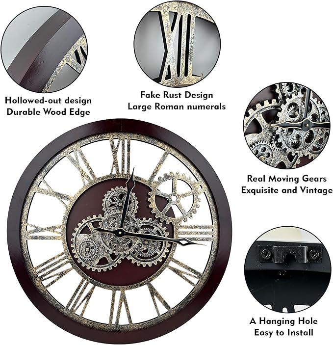 The B-Style Large Wall Clock 24 inch Moving Gear Wall Clock Oversized Vintage