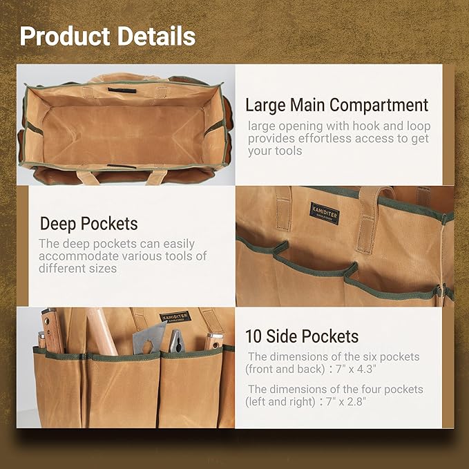 Heavy Duty 14 Inch Tool Bag Organizer with Durable Handle, Portable Canvas Toolbox, Multi-Pockets Canvas Bag Pottery Equipment Tote, Khaki