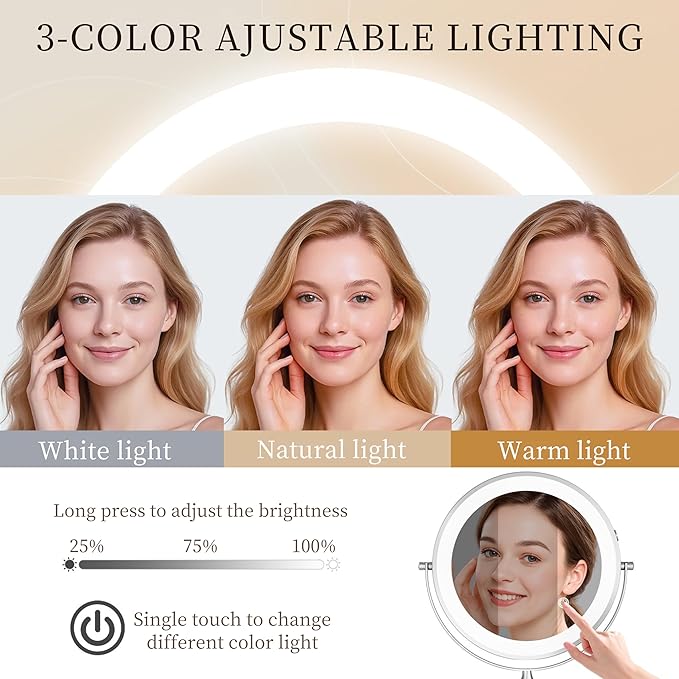 Rocollos Rechargeable Wall Mounted Lighted Makeup Mirror Chrome, 8 Inch