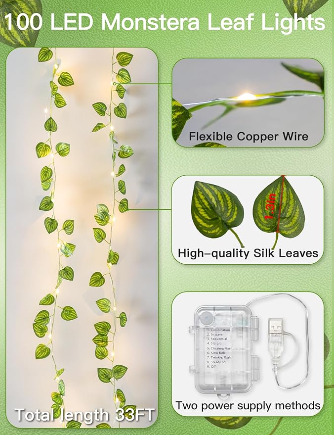 suddus Vines with Fairy Lights Battery & USB Powered Operated, 33ft 100 LED