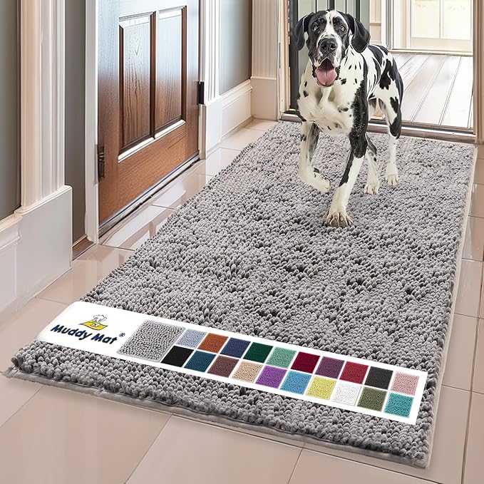 Muddy MatÂ® | Super Water Absorbent Door Mat Indoor, Microfiber Quick Dry Chenille Entryway Rug, Slip Resistant Front Door Mat, Indoor Mats for Entryway, Machine Washable Pet Rug, Grey 3ft x 8ft