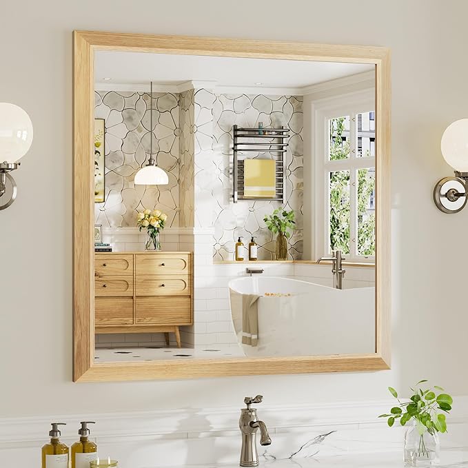 36x36 Inch Bathroom Mirror for Wall, Anti-Rust Oak Wood Grain Metal Framed