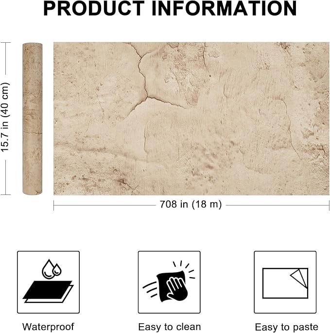 WADILE Beige Concrete Wallpaper 23.6 in * 708 in, Cement Contact Paper 3D Matte