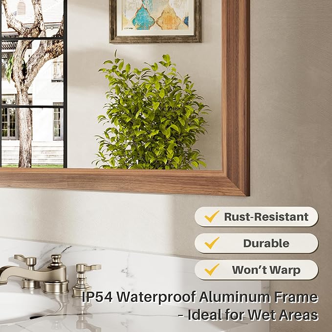 48x32 Inch Bathroom Mirror for Wall, Anti-Rust Walnut Wood Grain Metal Framed