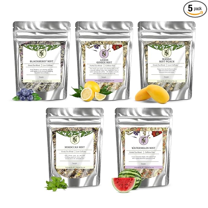 Nelson's Tea Mint Sampler Pack - 5 Flavors Variety Pack - Loose Leaf Tea Sampler - BlackberryMint, Lemon Ginger Mint, MangoMint Peach, MoroccanMint, WatermelonMint - Sample Sizes