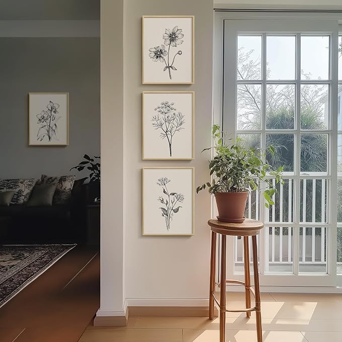 Framed Minimalist Black and White Floral Wall Art, 4 Piece Neutral Rustic