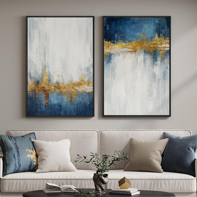 Framed Blue and White Abstract Wall Art