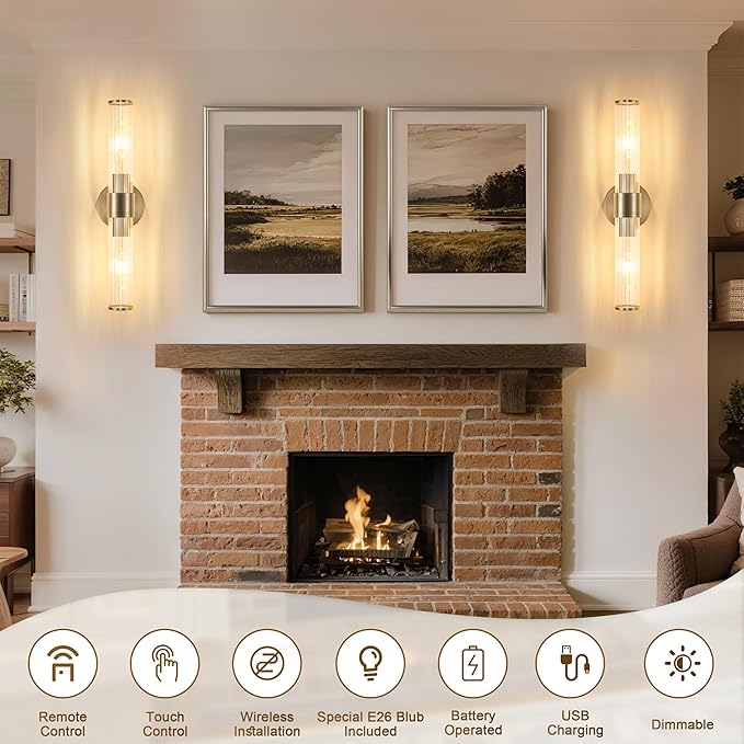 Morauroral Sand Nickel Battery Operated Wall Sconces Set of Two, Rechargeable