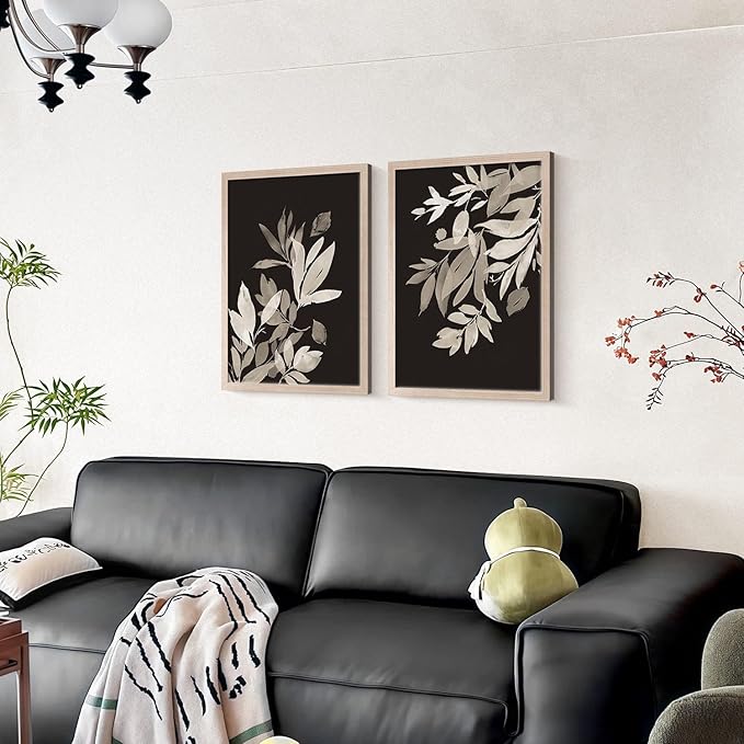 Framed Vintage Canvas Wall Art Botanical Leaves Poster Picture Countryside Painting Nature Landscape Modern Home Print Living Room Gallery Office Ready to Hang 16x24 inches x2