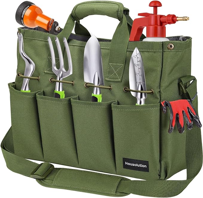 Housolution Garden Tote Bag, 900D Standable Gardening Tool Bag, Garden Tote Storage Bag with Pockets & Long Adjustable Shoulder Strap, Home Tools Organizer Garden Tool Kit Holder, 14 Inch