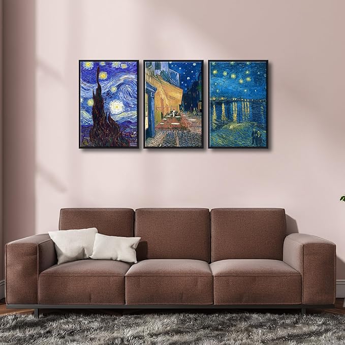 Wieco Art Black Framed 3 Panels Canvas Prints of Vincent Van Gogh Paintings