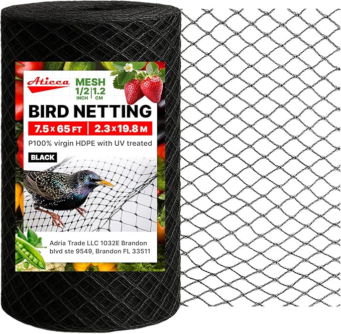 ATICCA Heavy Duty Bird Netting for Garden Protection & Fruit Trees, 7.5x65 Ft with 10 Stakes â Black Anti-Bird Net for Poultry, Deer, & Squirrel Protection, Durable Nylon Mesh for Garden and Yard Use