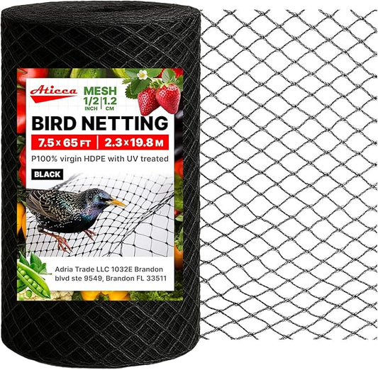 ATICCA Heavy Duty Bird Netting for Garden Protection & Fruit Trees, 7.5x65 Ft with 10 Stakes â Black Anti-Bird Net for Poultry, Deer, & Squirrel Protection, Durable Nylon Mesh for Garden and Yard Use