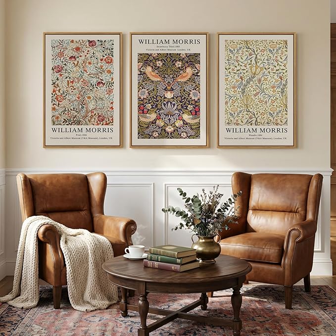 Large Framed William Morris Wall Art Set of 3, Vintage Strawberry Thief Canvas