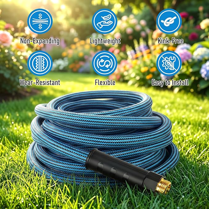NON-EXPANDABLE 100 ft Garden Hose, Heavy Duty Flexible Water Hose, Kink Resistant Lightweight Hybrid Hose with Durable Fabric Skin, Leakproof Hose Male to Female Fittings