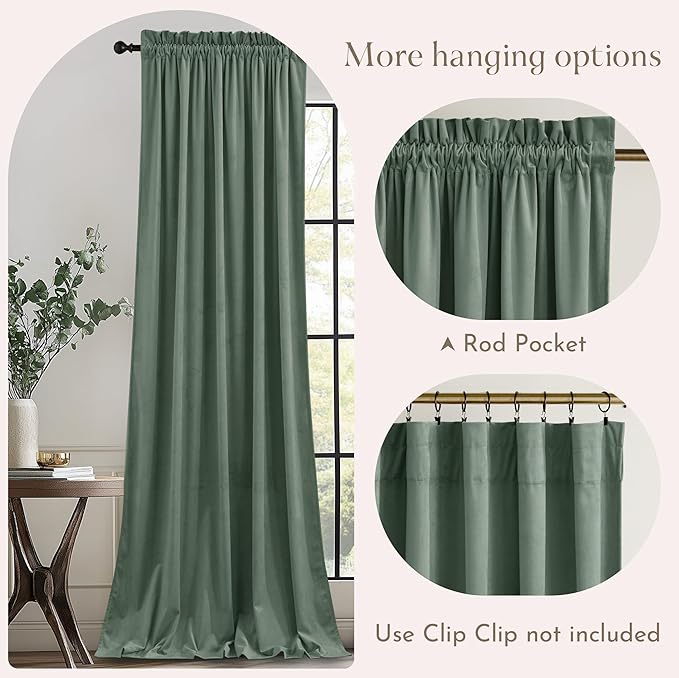 NICETOWN Green Velvet Curtains 96 inches Long 2 Panels