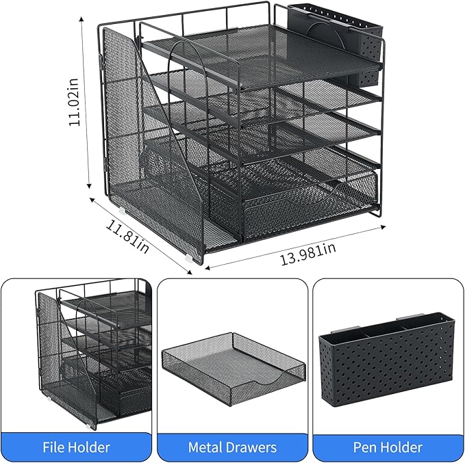 OUTIOE Desk Organizer with Drawer and Pen Holder, 5-Tier Paper Letter Tray Organizer with File Holder, Suitable for Workspace Organizer Office Supplies Storage (Black)