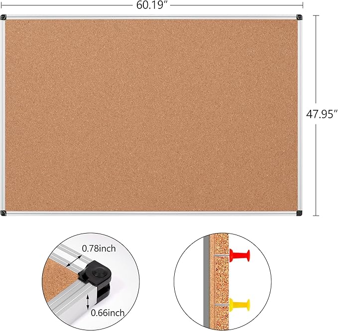 Large Cork Bulletin Board 60" X 48", Wall Mounted Notice Pin Board