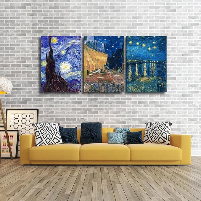 Wieco Art Large 3 Panels Canvas Prints of Vincent Van Gogh Paintings