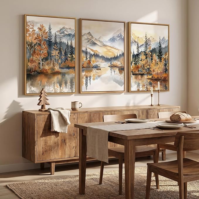 Framed Mountain Forest Landscape Wall Art for Living Room, 3 Piece Orange Neutral Scenic Print Canvas Artwork for Walls, Large Rustic Nature Autumn Picture Wall Decor for Dining Room Hallway, 24x36 In