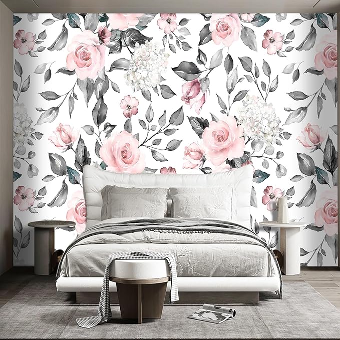 Grey Leaf Pink Flowers Mural Bedroom Floral Wallpaper Room Decor Living Room tv