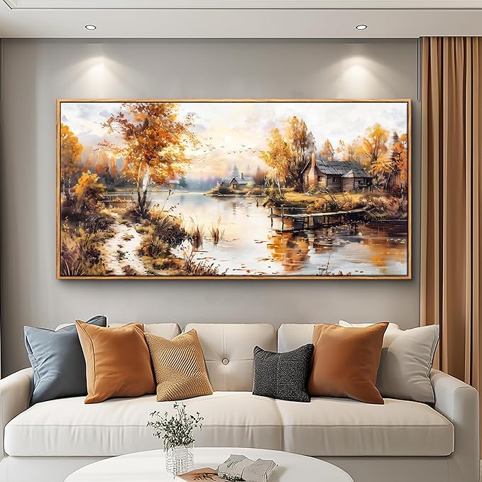 QIYILEXWART Canvas Wall Art For Living Room Large Wall Decor For Office Bedroom Decorations Lakeside Cabins Autumn Landscape Pictures Farmhouse Painting Artwork Room Wall Mural Home Decor 30x60 In