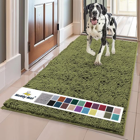Muddy MatÂ® | Super Water Absorbent Door Mat Indoor, Microfiber Quick Dry Chenille Entryway Rug,Slip Resistant Front Door Mat,Indoor Mats for Entryway,Machine Washable Pet Rug, Army Green 24" x 120"