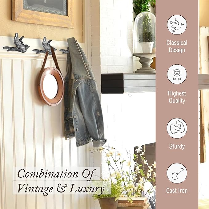 Flying Bird Decorative Wall Hooks Cast Iron, Wall Mounted