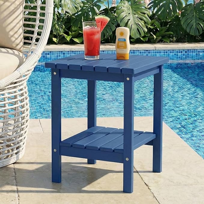 PASAMIC 2-Tier Adirondack Square Outdoor Side Table, HDPE Small Outdoor Table, Patio End Table for Patio, Pool, Backyard, Weather-Resistant (Navy Blue)