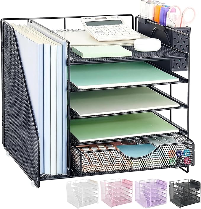 OUTIOE Desk Organizer with Drawer and Pen Holder, 5-Tier Paper Letter Tray Organizer with File Holder, Suitable for Workspace Organizer Office Supplies Storage (Black)