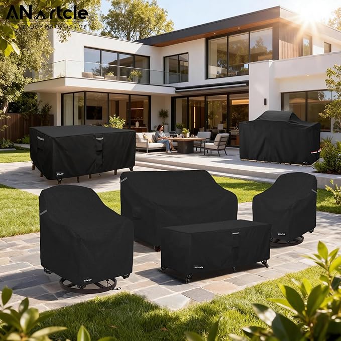 ANartcle Patio Furniture Covers 126L x 74W x 28H inch,600D Waterproof Heavy Duty Outdoor Furniture Covers,Outdoor Wicker Furniture Set with Swivel Patio Chairs General Purpose Furniture Cover,Black