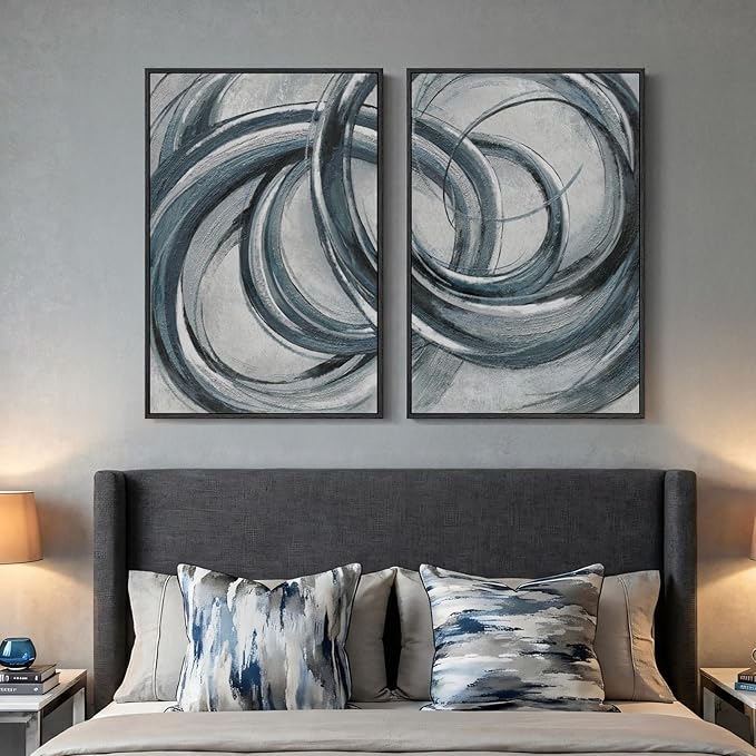 Framed Blue Gray Abstract Wall Art Set of 2, Modern Circle Line Canvas Artwork