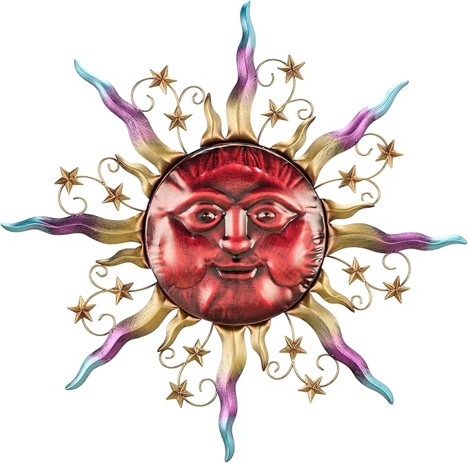 TERESA'S COLLECTIONS Outdoor Sun Metal Wall Art for Outdoor Decor,32" Red Sun Face 3D Wall Decor for Garden Decor,Rustic Retro Hanging Sculpture for Outside indoor Home Patio Farmhouse Gifts for Mom
