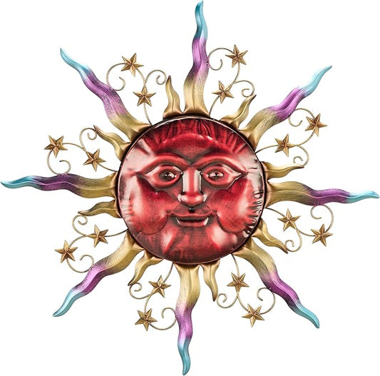 TERESA'S COLLECTIONS Outdoor Sun Metal Wall Art for Outdoor Decor,32" Red Sun Face 3D Wall Decor for Garden Decor,Rustic Retro Hanging Sculpture for Outside indoor Home Patio Farmhouse Gifts for Mom